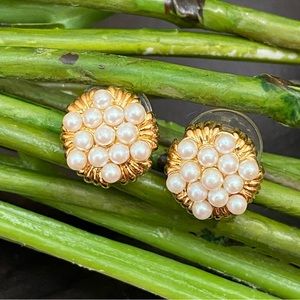 Vintage MONET Signed Faux Pearl Gold-tone Post Earrings